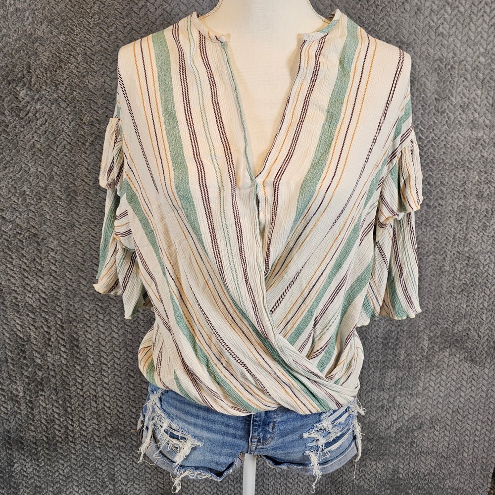 Boho Coastal Breezy Green Striped Twist Front Ruffle Sleeve Blouse Medium